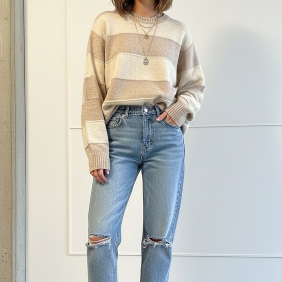 Simons Sweaters - Simons Shetland Wool Striped Crewneck Sweater - Beige and Cream